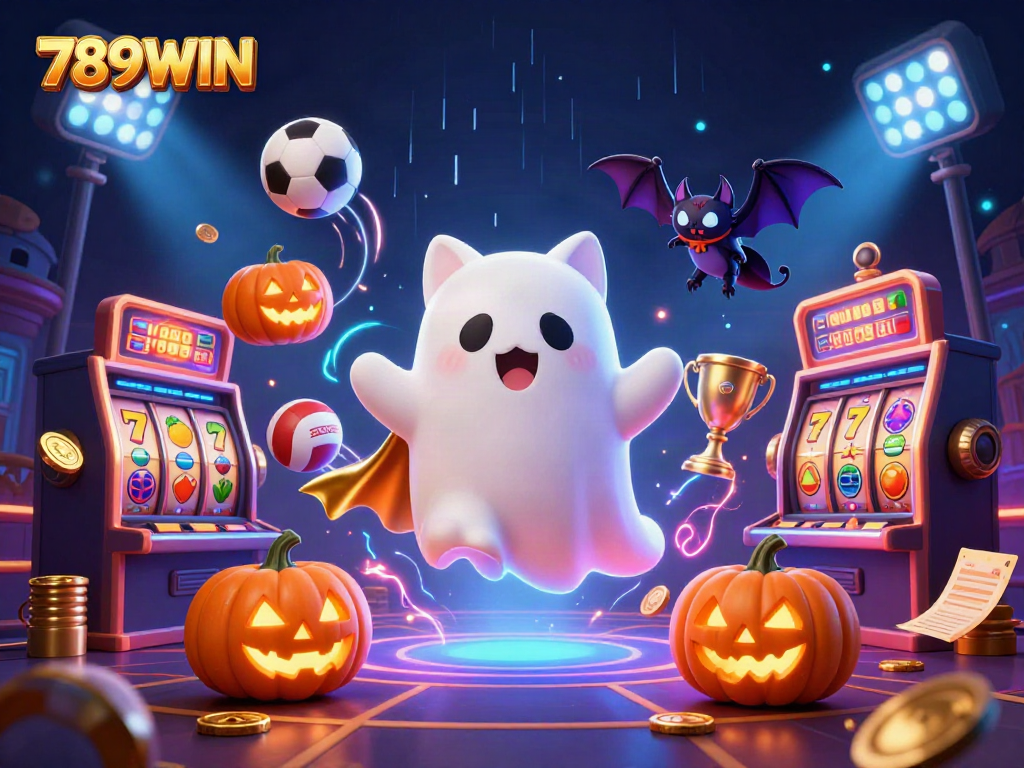 Engage with 789WIN's thrilling gameplay in a haunted casino, featuring a friendly ghost cat.