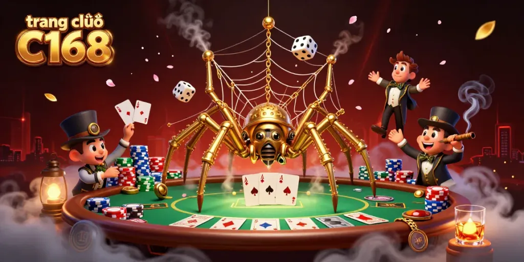Engage with the vibrant gaming scene of trang chủ C168 featuring a golden spider and poker elements.