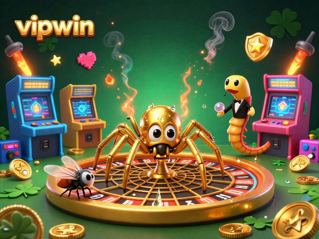 Experience thrilling bets with vipwin in a vibrant 3D casino scene featuring a golden spider spinning a roulette web.