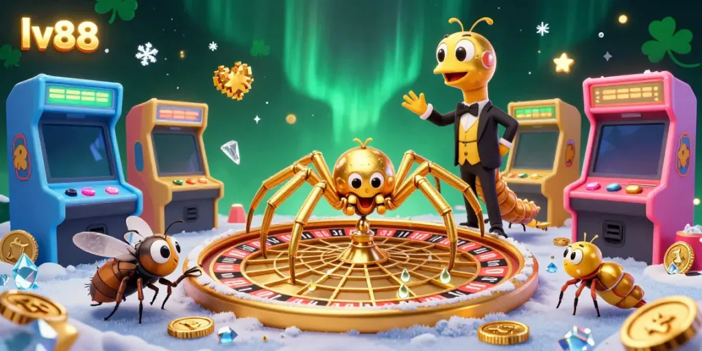 lv88 players engage with a lively roulette-themed scene featuring a golden spider and immersive gaming elements.