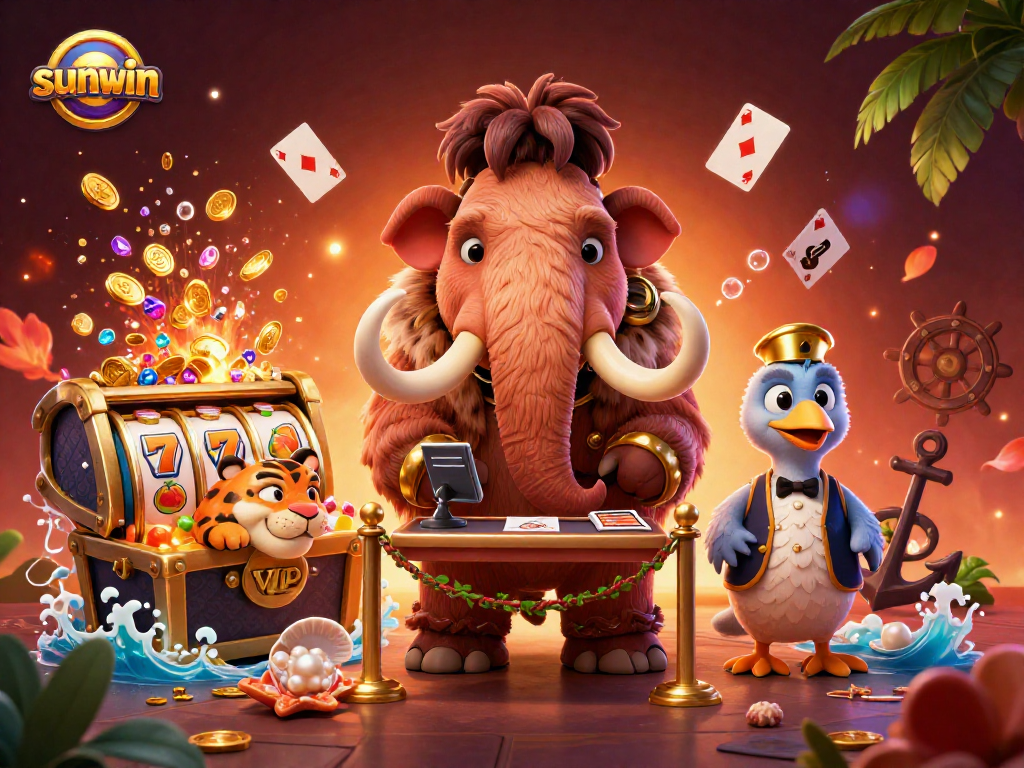 Experience exciting slots at Sunwin with a dynamic scene of casino characters and game elements.