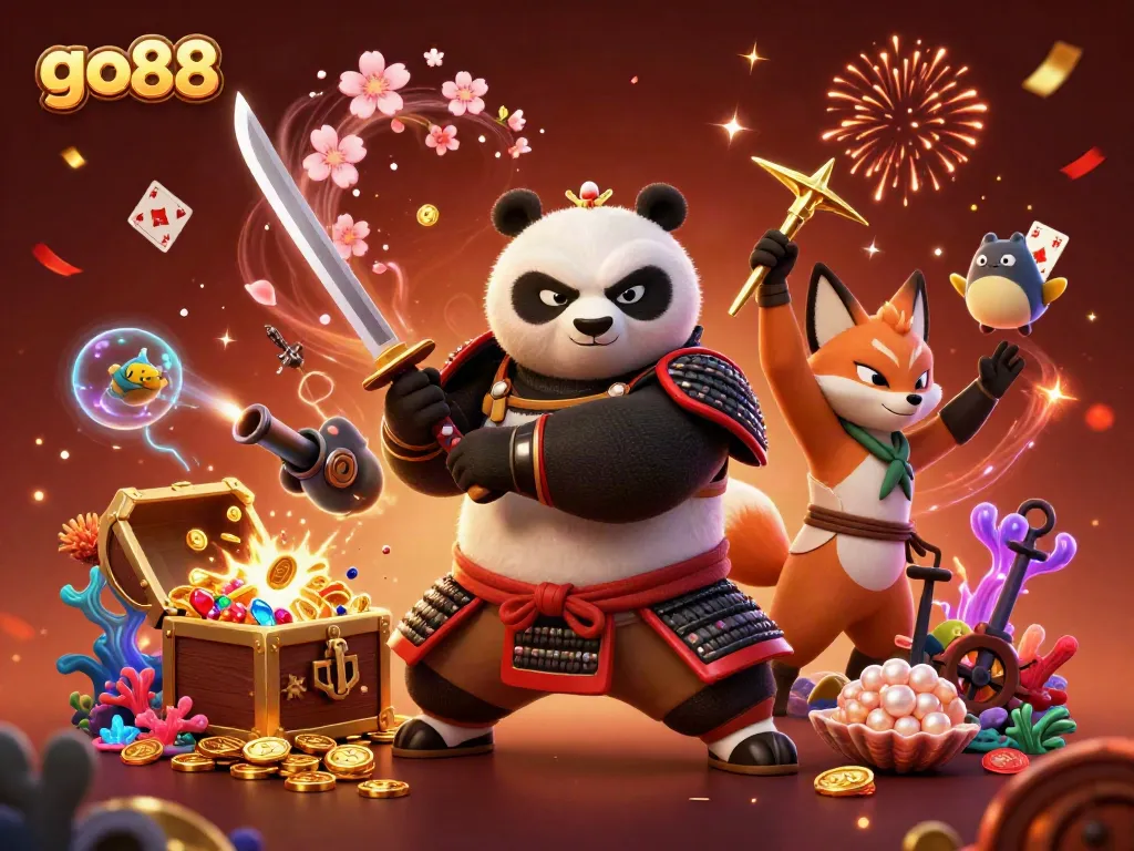 Experience excitement at go88 with a fierce samurai panda, ninja fox, and magical tanuki in a vibrant casino scene.