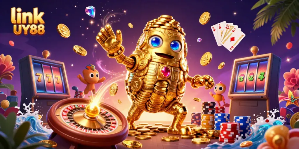 Experience excitement with link UY88 featuring a golden golem and dynamic casino game elements.