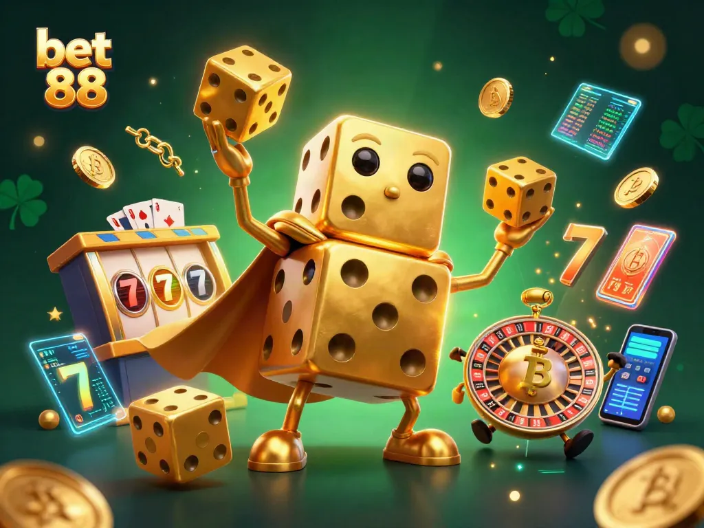 Experience the thrill of betting with bet 88, surrounded by vibrant casino elements in this 3D illustration.