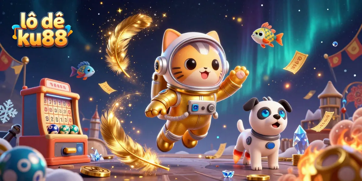 Experience the excitement of lô đề ku88 with lottery machines and playful characters in a cosmic casino scene.