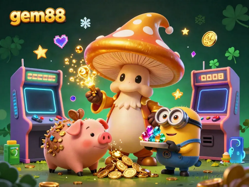 Experience the magic of gem88 with a golden wizard and treasure-seeking friends in a vibrant casino scene.