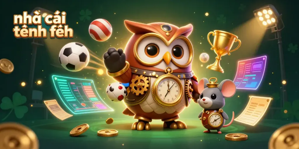 Exciting 3D illustration showcasing nhà cái tặng tiền with a time-traveler owl and dynamic casino elements.