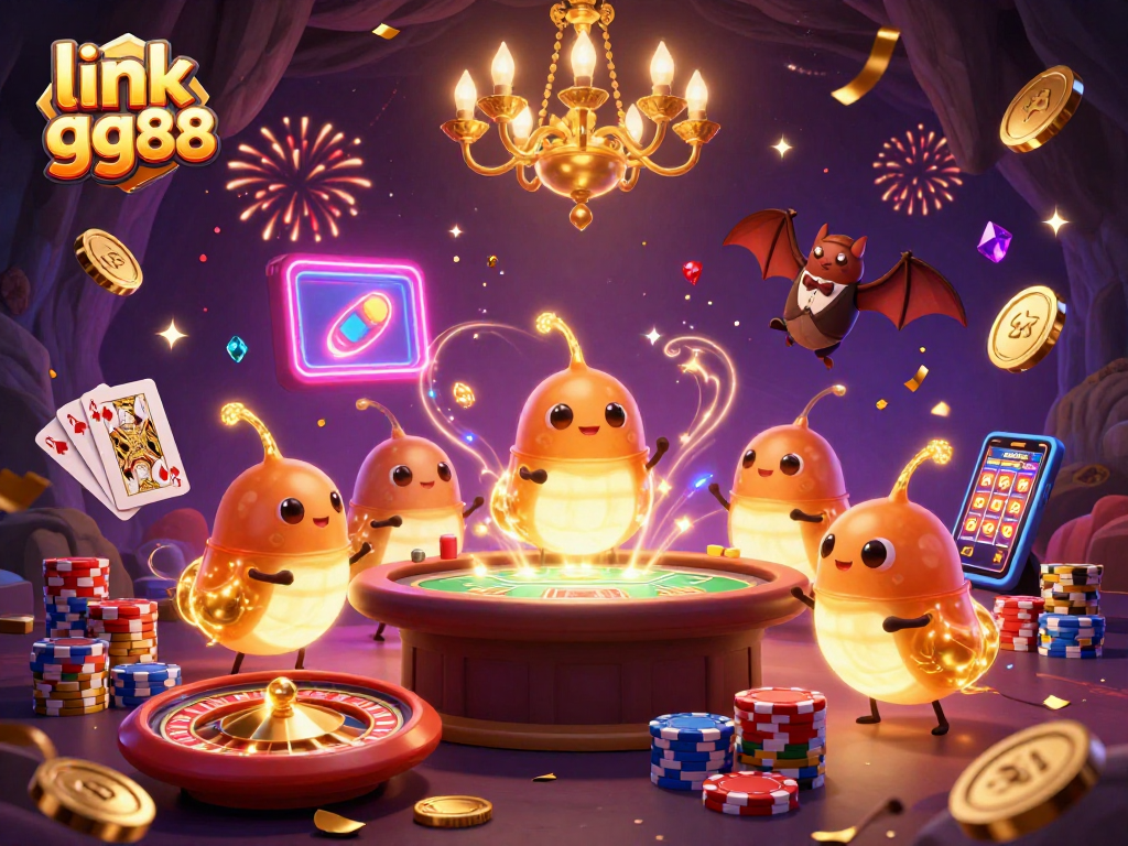 Join the excitement at link gg88 with a vibrant 3D casino scene featuring glowworms and dynamic gaming elements.