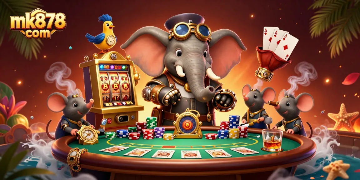 Experience thrilling wins at mk878 com with a steampunk elephant at a vibrant poker scene.