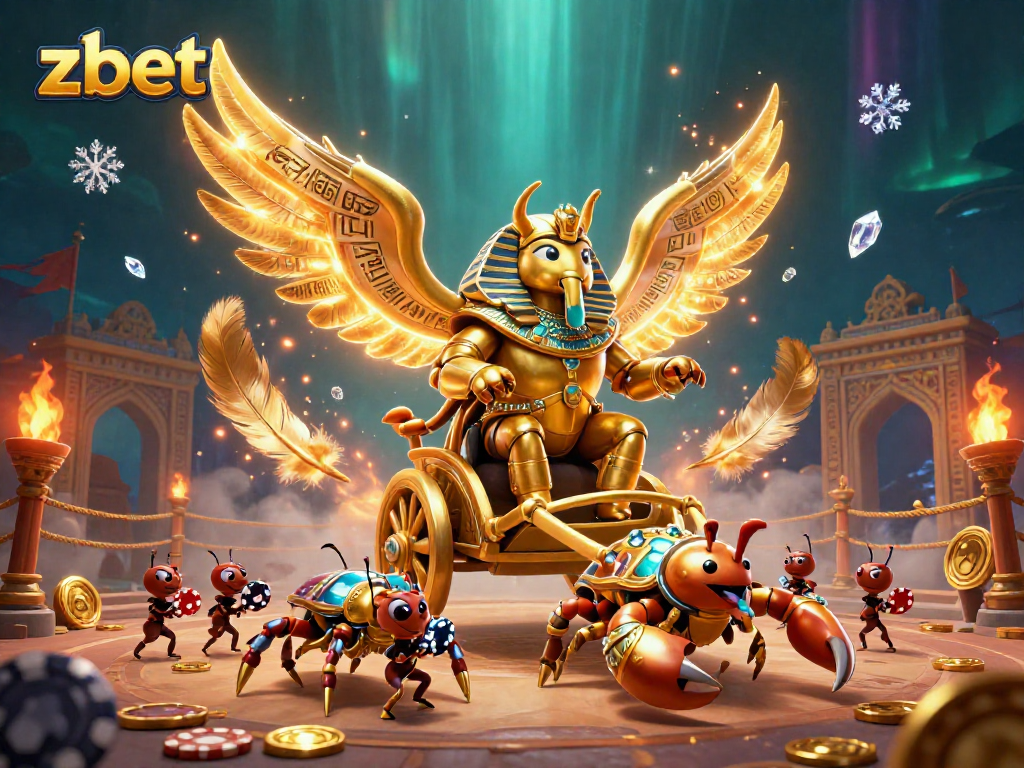 Zbet introduces thrilling casino action with a golden scarab beetle and poker chips to elevate your gaming experience.