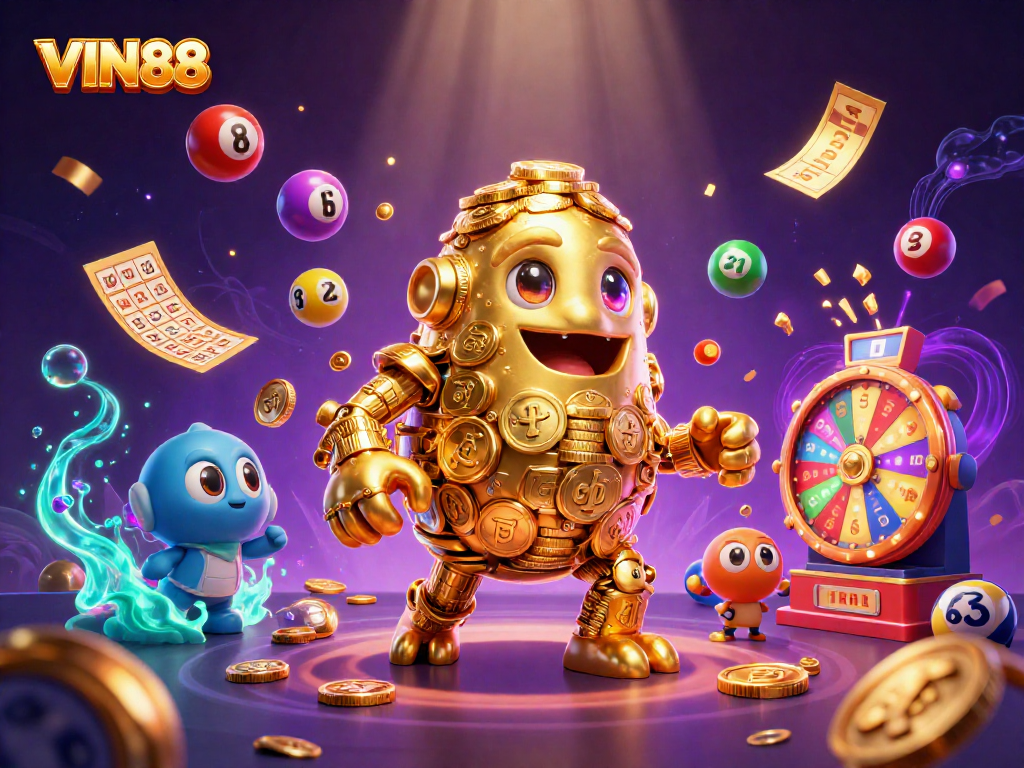 Engage with VIN88 in this vibrant casino-themed illustration featuring golden golem and lottery elements.