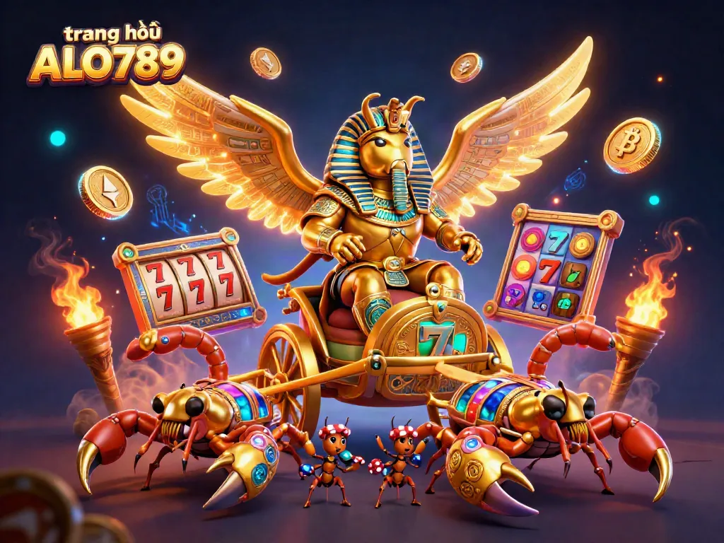 Experience dynamic gaming excitement at trang chủ ALO789 with thrilling slot reels, golden beetles, and glowing coins.