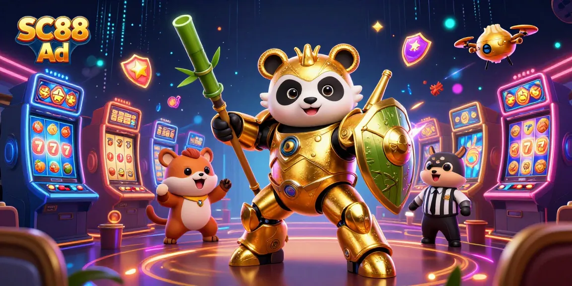 Engage with SC88 Ad in a vibrant gaming scene featuring slot machines and a mech-suit panda.
