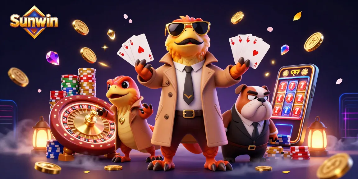 Engage with Sunwin through a vibrant casino scene featuring animated raptors, sparkling gems, and dynamic gaming elements.