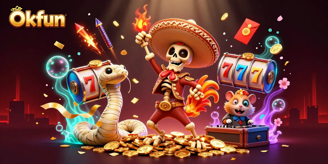 Win big at Okfun's casino with vibrant characters celebrating among slot reels and gold!