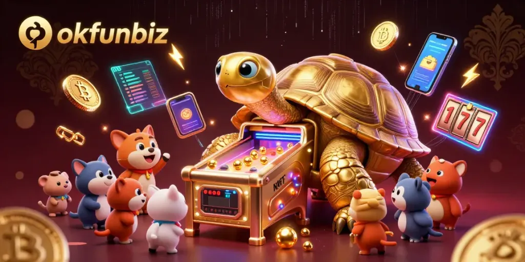 Winning big at okfunbiz with a golden tortoise pinball machine surrounded by vibrant casino elements.