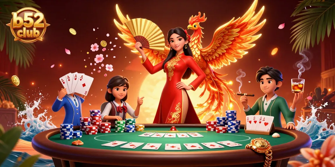 B52 Club players winning big at a vibrant poker game amid stunning visuals.