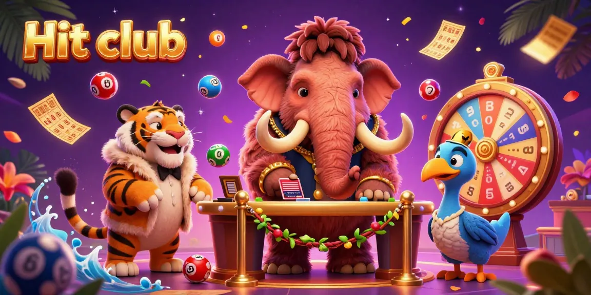 Experience the excitement at Hit club with this vivid casino illustration featuring a woolly mammoth bouncer and a saber-tooth tiger.