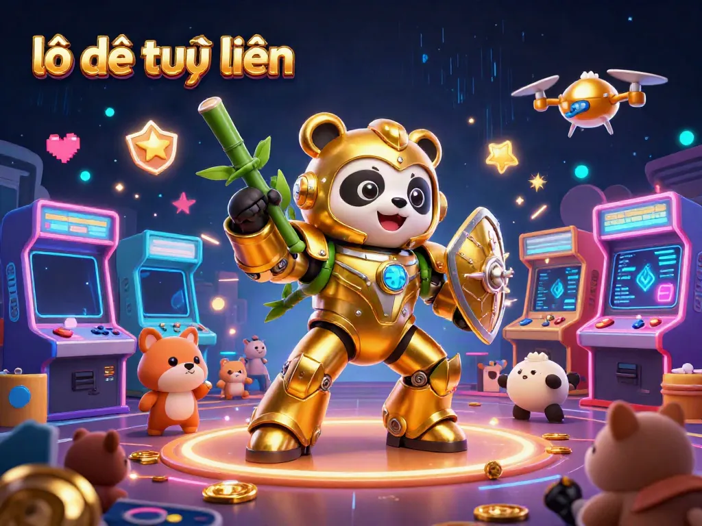 Experience lô đề trực tuyến with a thrilling illustration of a golden panda in a robotic arena.