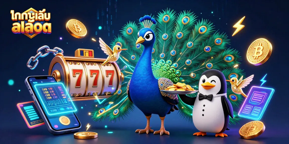 Engage with ทดลองเล่นสล็อต in a vibrant casino scene featuring a peacock and penguin, surrounded by colorful slot elements.