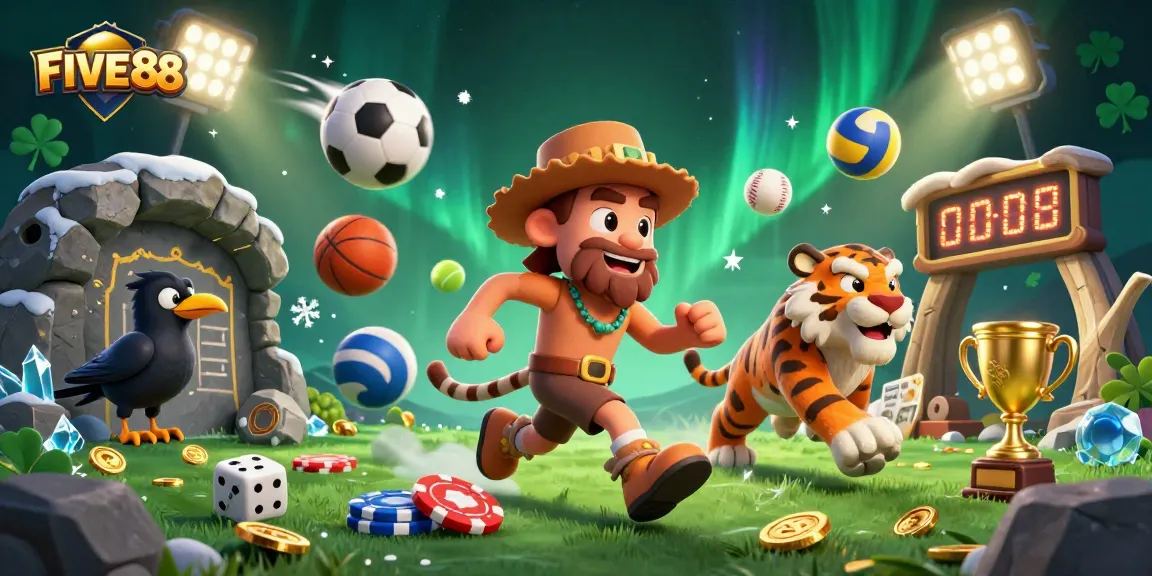 Experience the thrill of FIVE88 with a dynamic prehistoric casino scene featuring playful characters and vibrant elements.