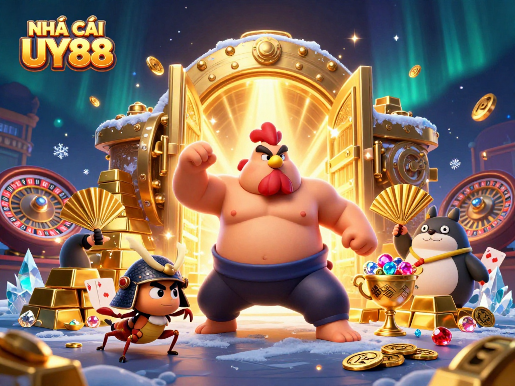 Engage in thrilling slots action with NHÀ CÁI UY88's dynamic casino illustration of a sumo rooster and samurai cricket.
