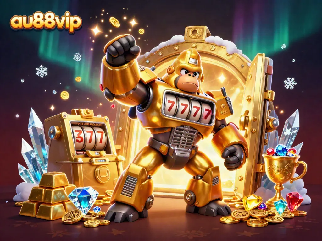 Experience thrilling wins at au88vip with a dynamic 3D illustration featuring a golden gorilla mech.