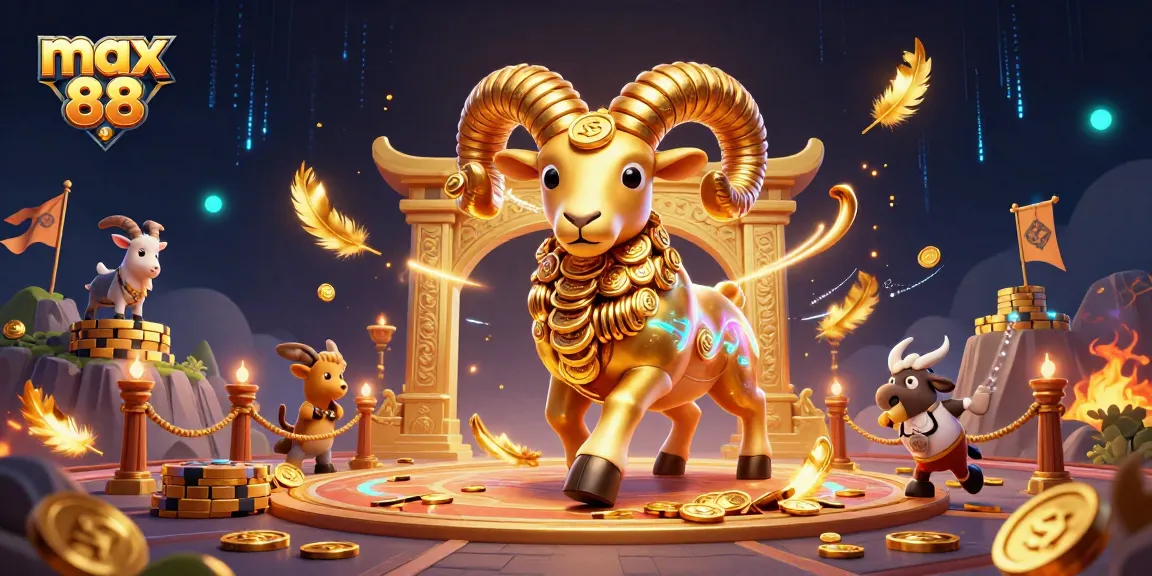 Join the excitement at max 88 with a golden ram charging through a vibrant gaming scene filled with rewards.