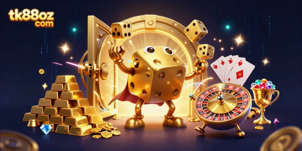 Experience thrilling entertainment with tk88oz com's golden dice and treasure vault scene filled with excitement.