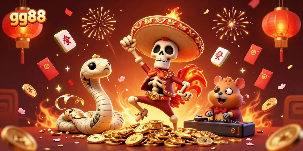 Engage in thrilling gaming action with gg88 as a skeleton mariachi rooster dances atop gold coins with festive elements.