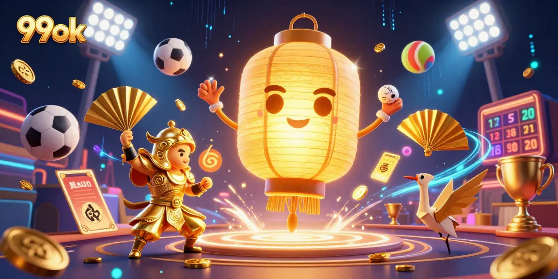 Experience the excitement of 99ok with a vibrant casino scene featuring dynamic sports elements and golden symbols.