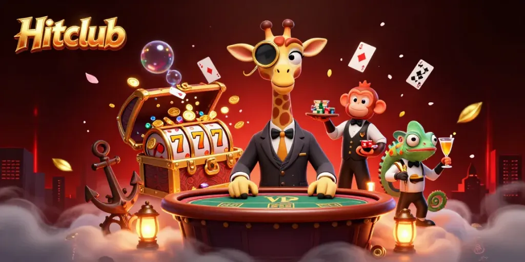 Hitclub players enjoy a vibrant casino scene with animated characters and slot reels.