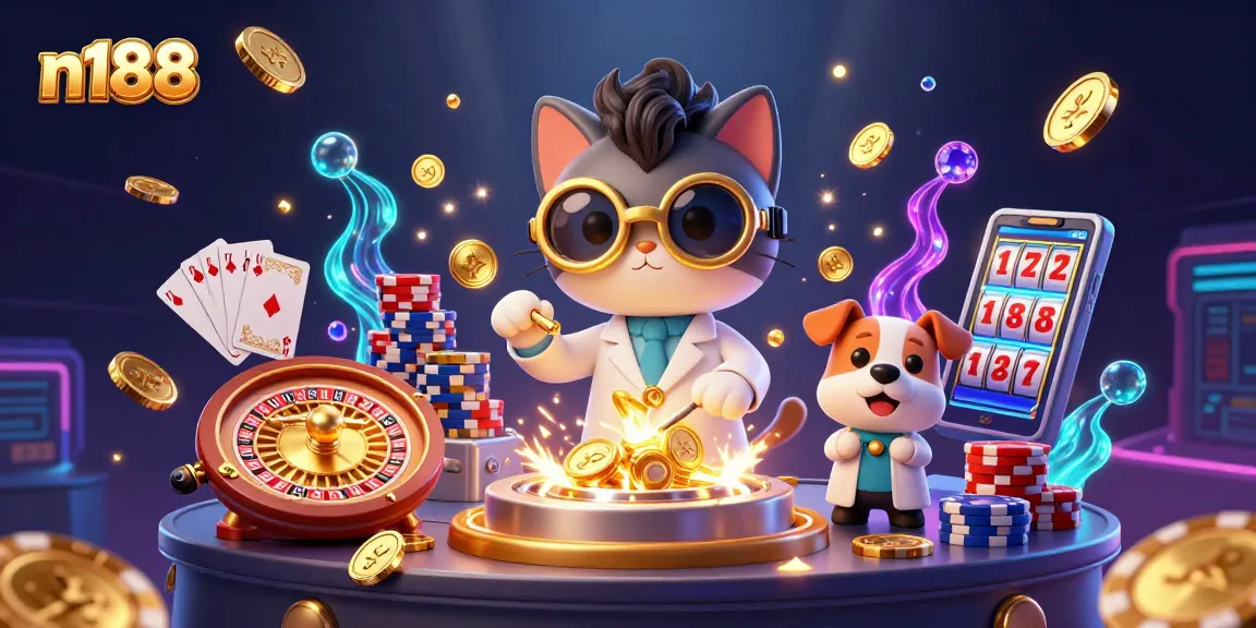 Spin the reels and win in n188's vibrant casino atmosphere filled with sparkling gems and golden coins.