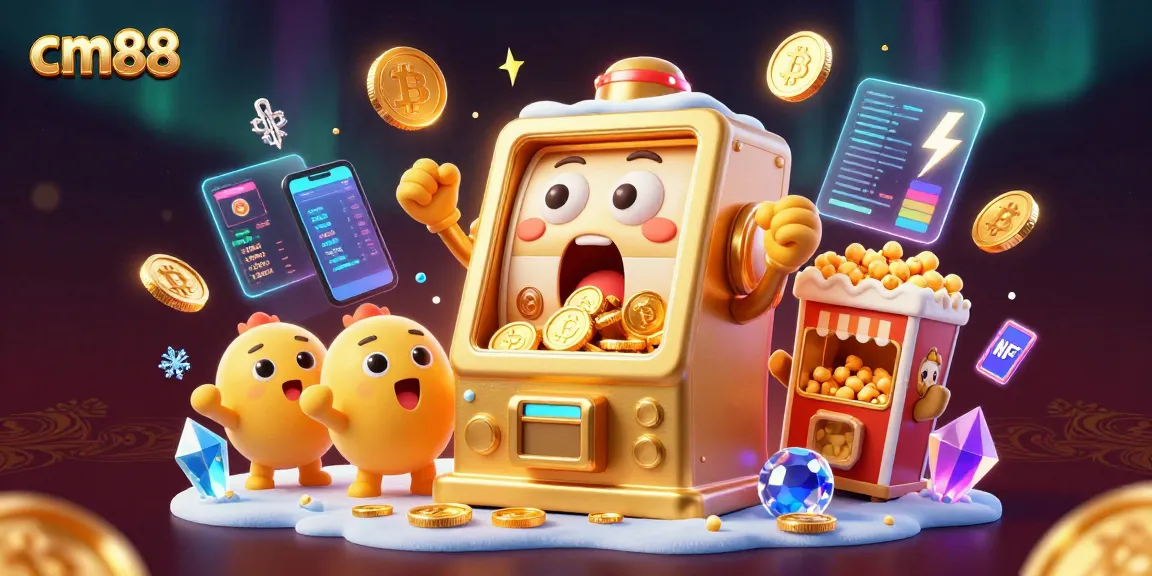 Experience the excitement of cm88 as the golden slot machine hits the jackpot amidst glowing coins and vibrant digital elements.