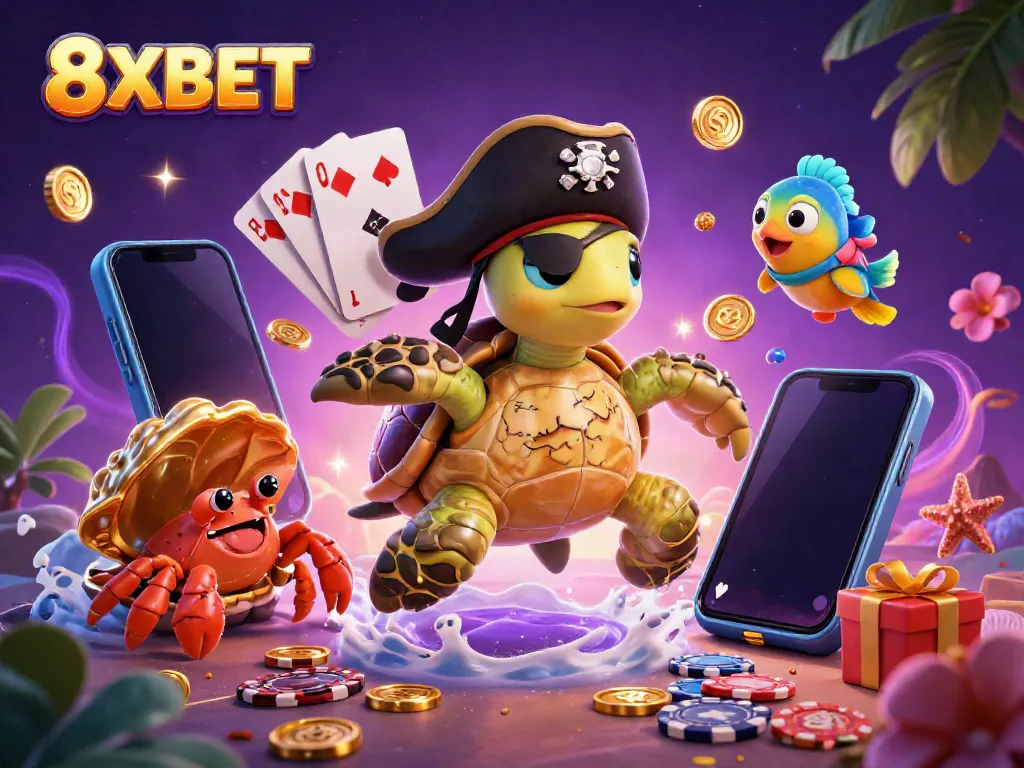 Engage with 8XBET's thrilling underwater gambling adventure featuring a pirate turtle surrounded by vibrant casino elements.