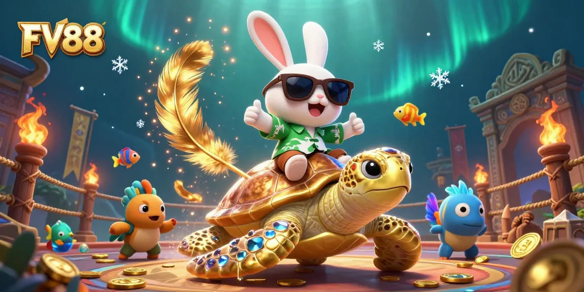 Engage in thrilling bets with FV88 as the lucky rabbit rides the golden turtle amidst a vibrant casino scene.