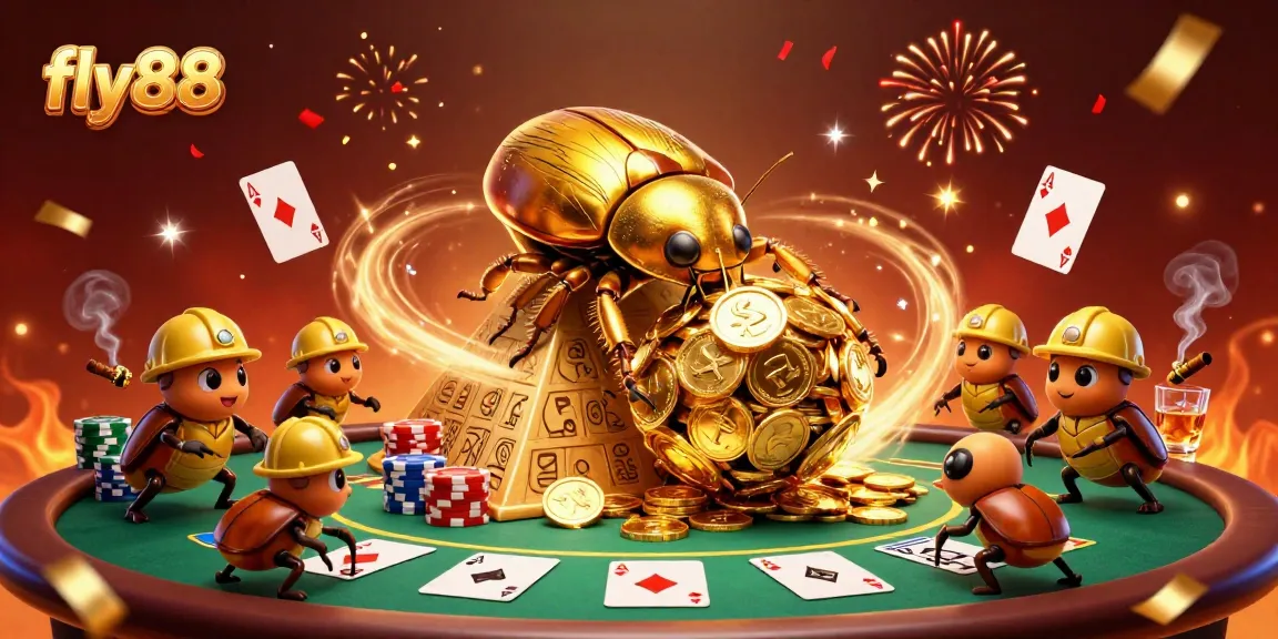 Experience fly88's exciting casino atmosphere with gold coins and poker elements in a vibrant scene.