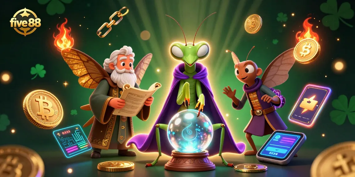 Engage with five 88 fortune telling in a crypto-themed casino scene packed with vibrant details.