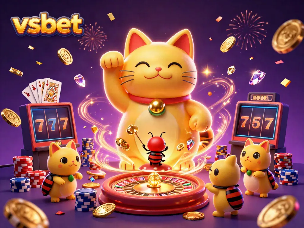 Experience thrilling gameplay with the vibrant vsbet lucky cat illustration, surrounded by casino symbols and riches.