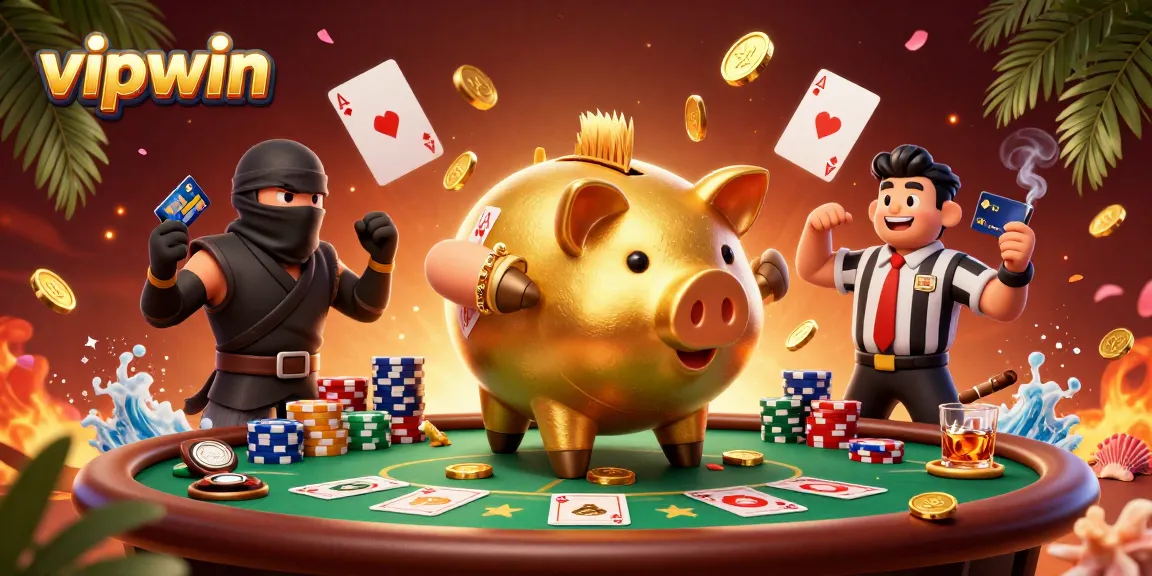 Engage in thrilling poker with vipwin through an exciting scene of animated characters and casino elements.