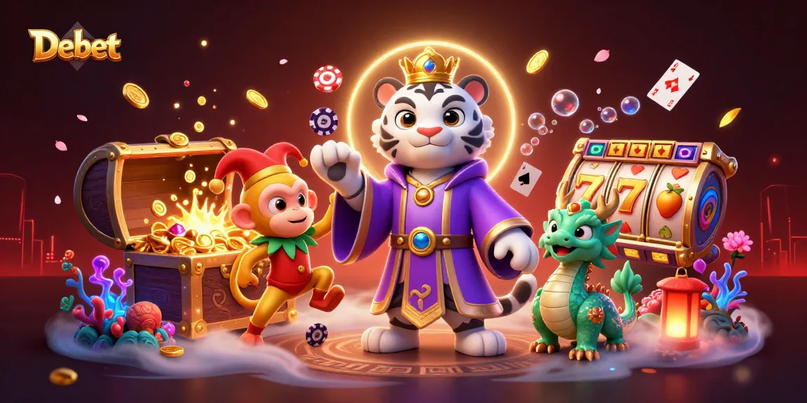 Debet casino scene with a vibrant 3D illustration of a tiger, monkey, and dragon surrounded by casino elements.