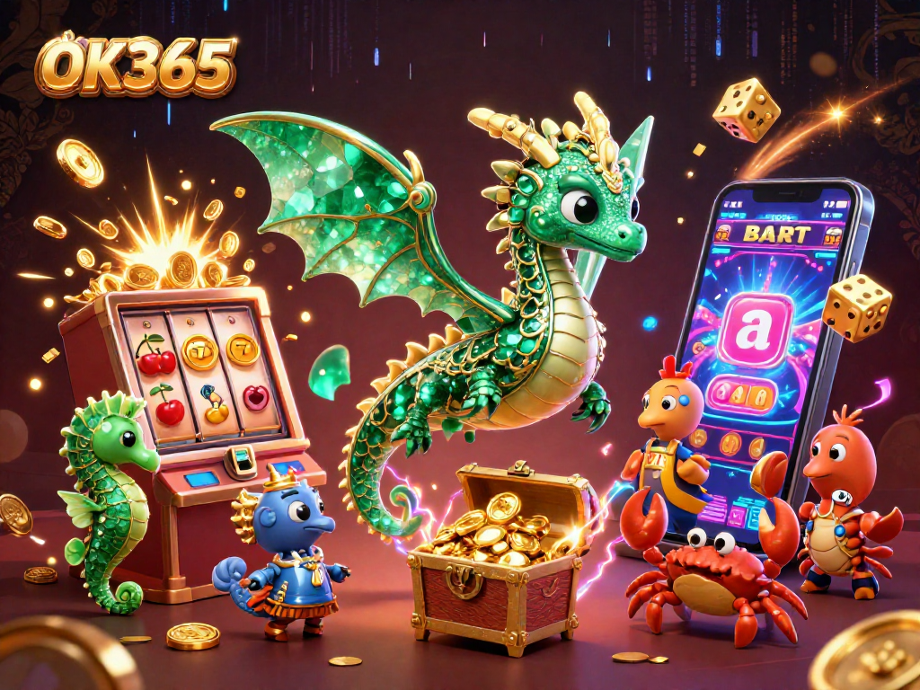 Experience exciting rewards at OK365 with a dynamic illustration of casino treasures and thrilling gaming excitement.