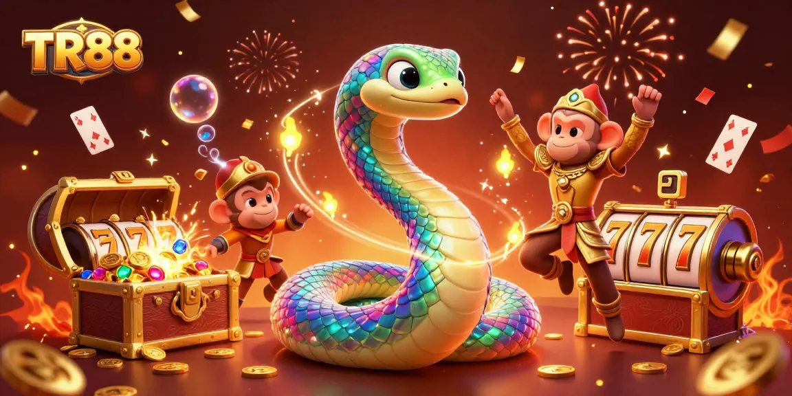Experience thrilling slots with TR88 while a magical serpent and monkey king celebrate amidst treasures.