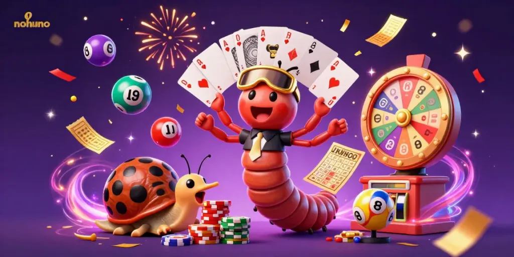 Experience excitement at nohuno with vibrant characters and dynamic lottery elements illustrating gambling fun.