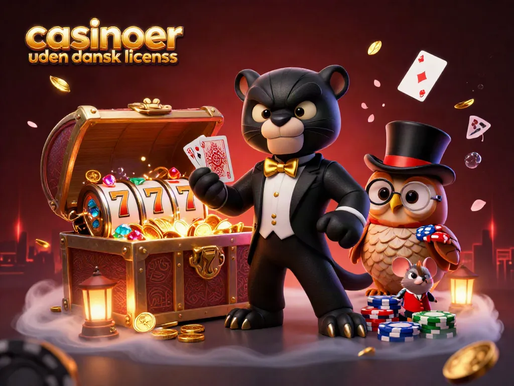 Engage with casinoer uden dansk licens in this vibrant casino-themed illustration featuring a panther dealer.