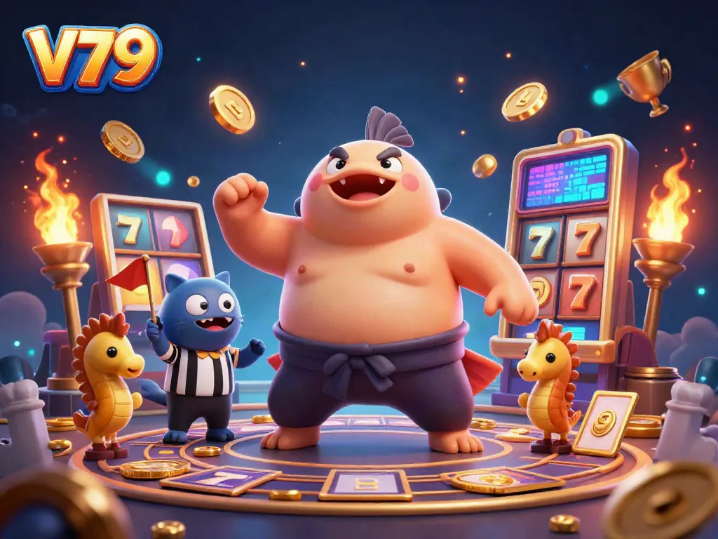 Experience thrilling jackpots with V79 featuring a 3D cartoon fugu and slot game elements