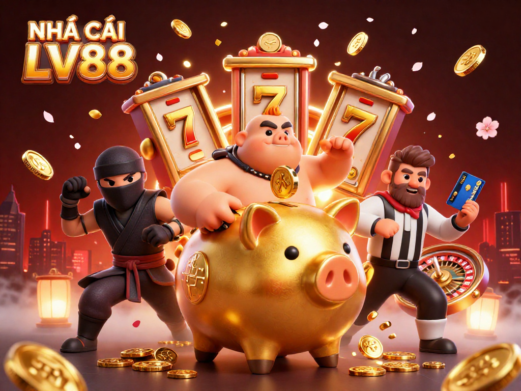 Experience the excitement of NHÀ CÁI LV88 with dynamic characters and vibrant casino elements.