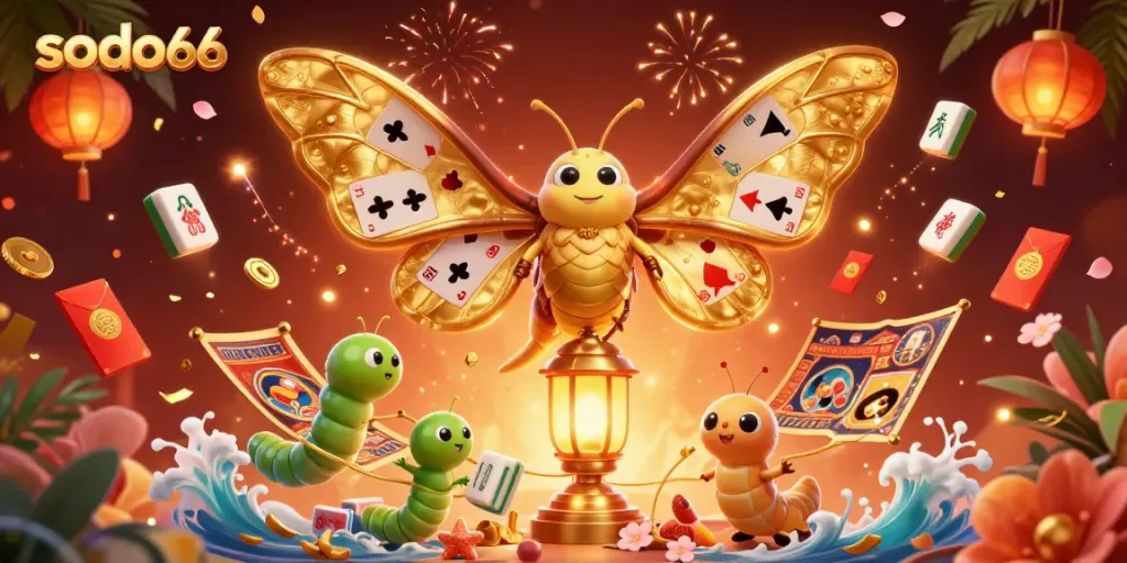Sodo66 presents an exciting 3D casino scene featuring a majestic atlas moth and gold-themed elements.