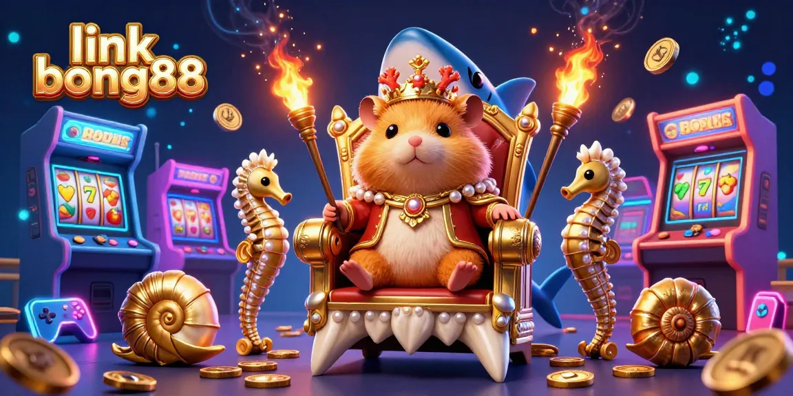 Experience link bong88 with a dazzling golden hamster king and vibrant arcade elements in this dynamic casino scene.