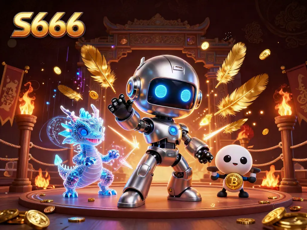 Experience the thrill of gaming with S666's vibrant casino scene featuring a futuristic robot and holographic dragon.